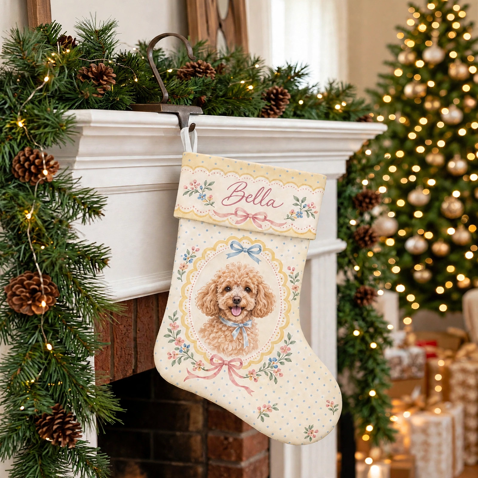 Yellow Scalloped Poodle Portrait Christmas stocking hanging by a decorated fireplace