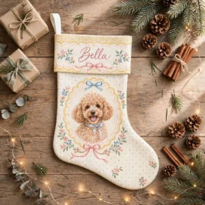personalized yellow scalloped poodle stocking shown laid flat on a wooden surface beside wrapped gifts and greenery