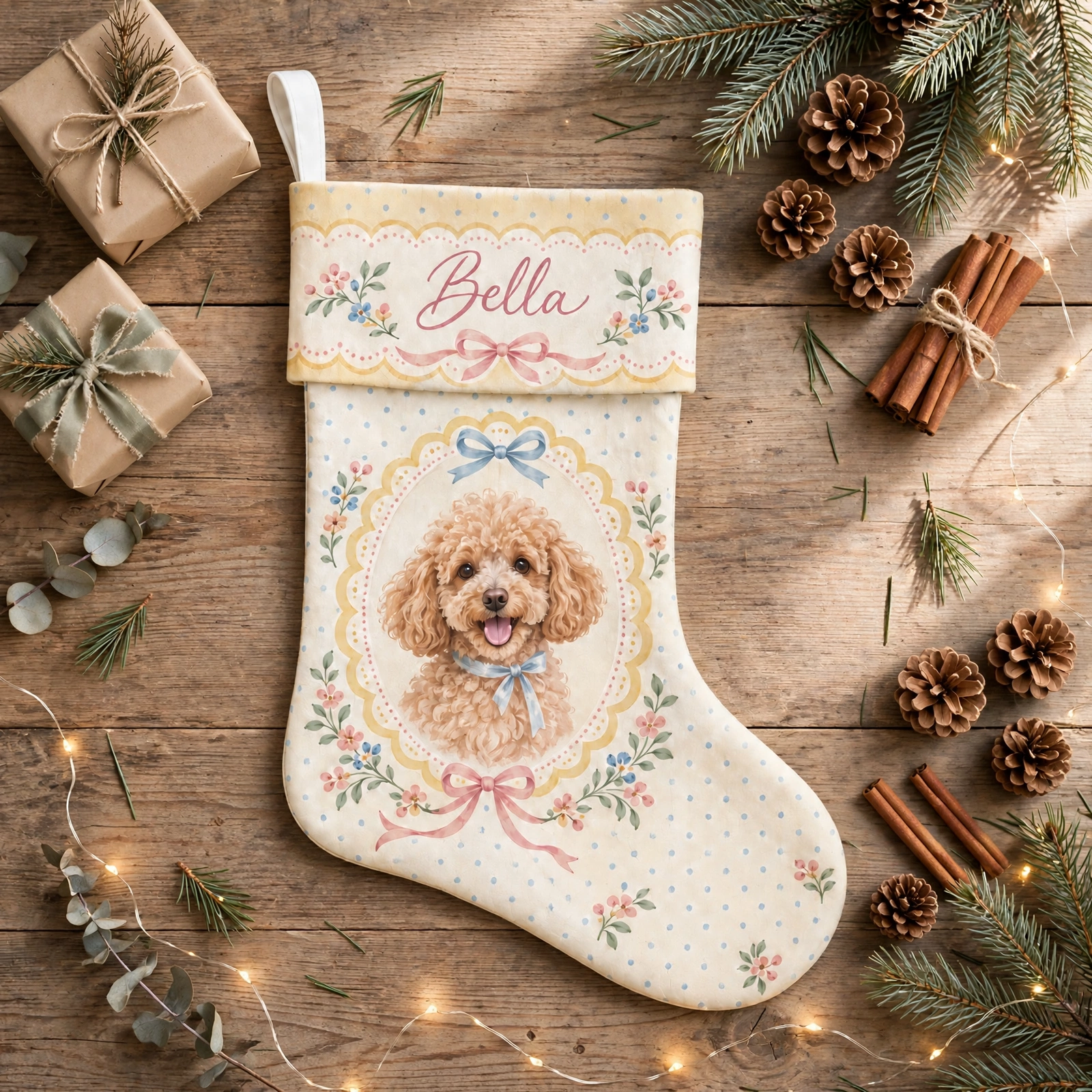 personalized yellow scalloped poodle stocking shown laid flat on a wooden surface beside wrapped gifts and greenery