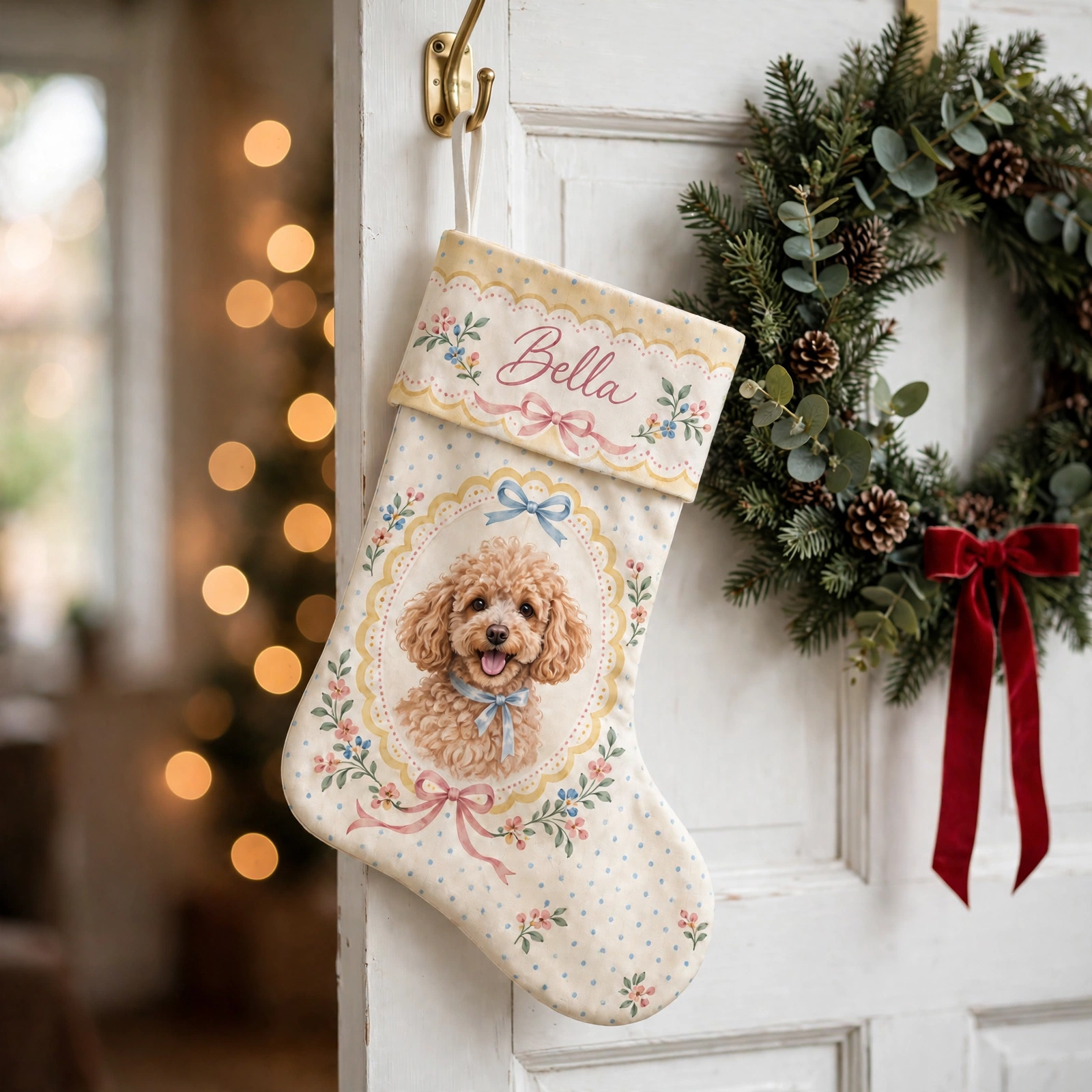 Yellow Scalloped Poodle Portrait Christmas stocking hanging on a white door beside a Christmas wreath