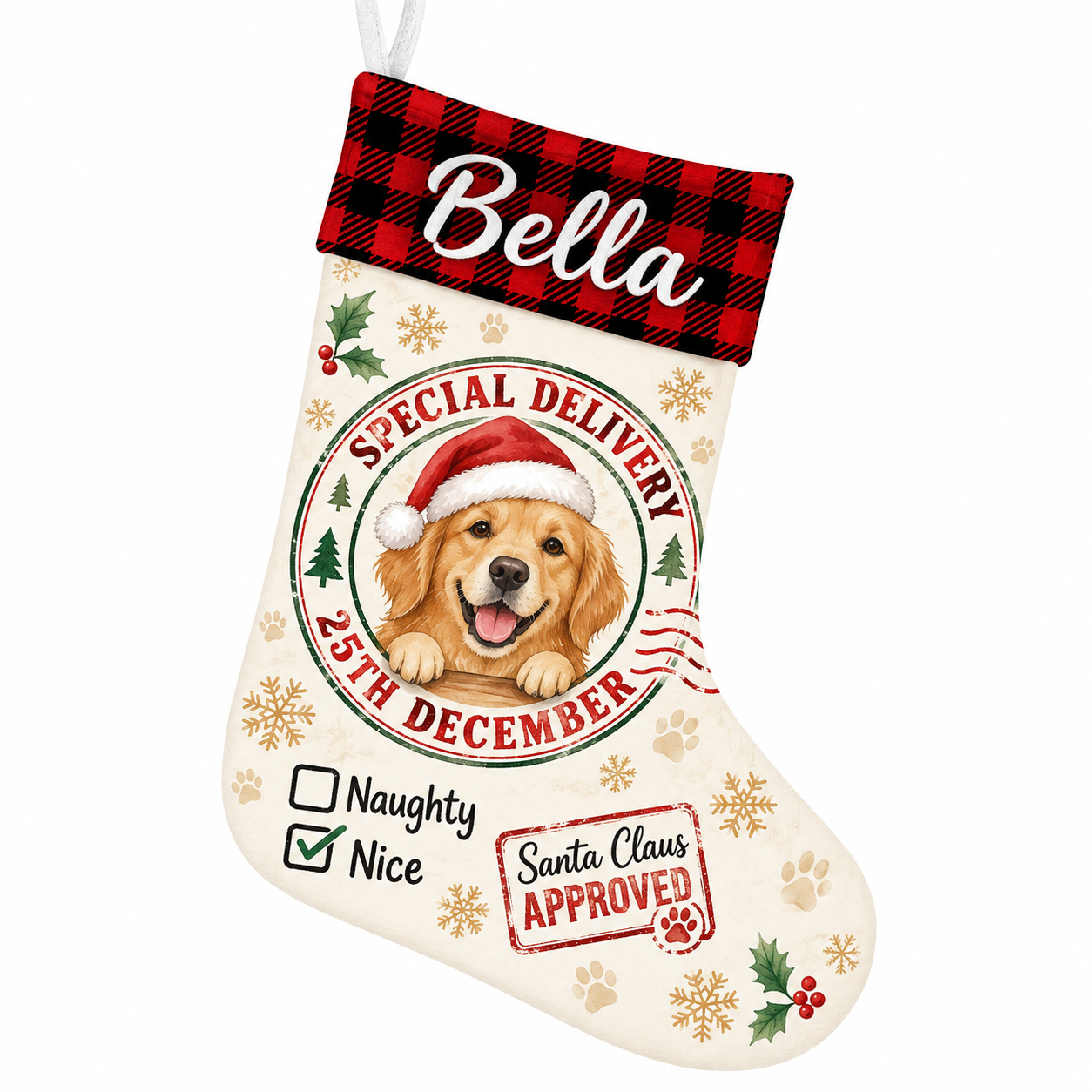 Personalized Christmas stocking with personalized special delivery santa dog design on a plain background