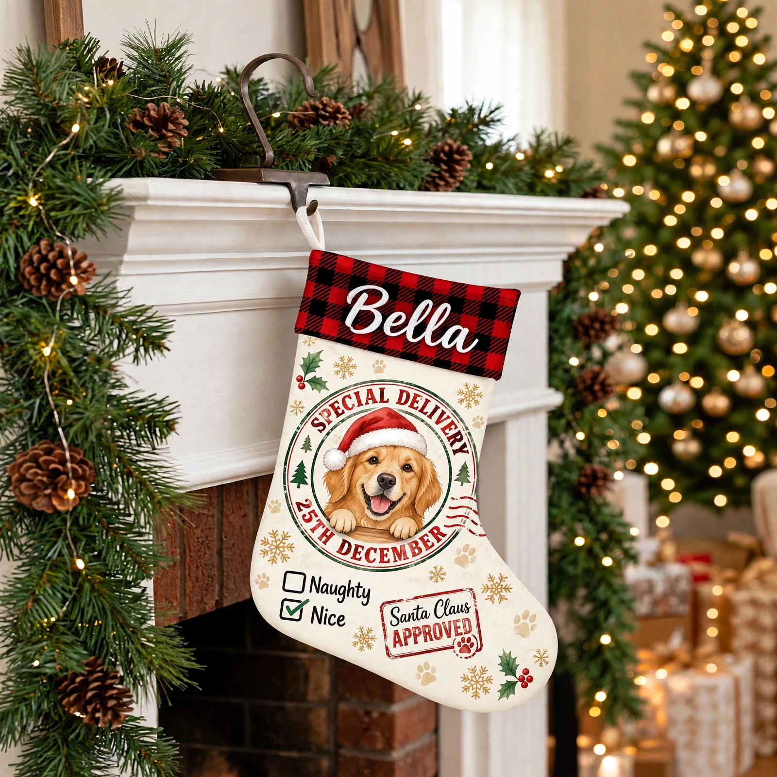 Special Delivery Santa Approved Dog Christmas stocking hanging by a decorated fireplace
