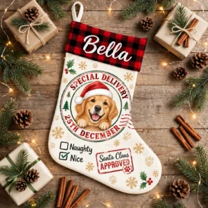 personalized special delivery santa dog stocking shown laid flat on a wooden surface beside wrapped gifts and greenery