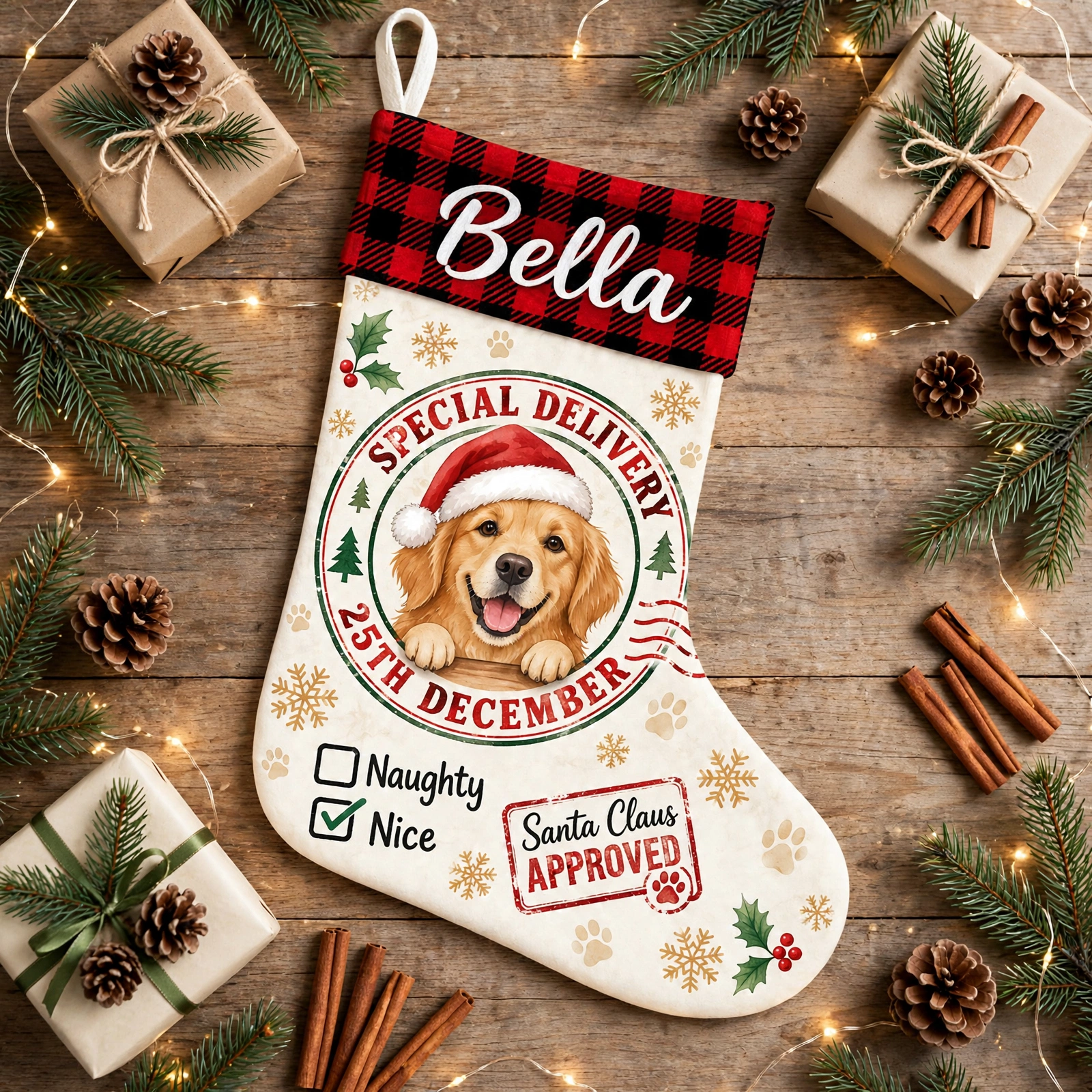 personalized special delivery santa dog stocking shown laid flat on a wooden surface beside wrapped gifts and greenery