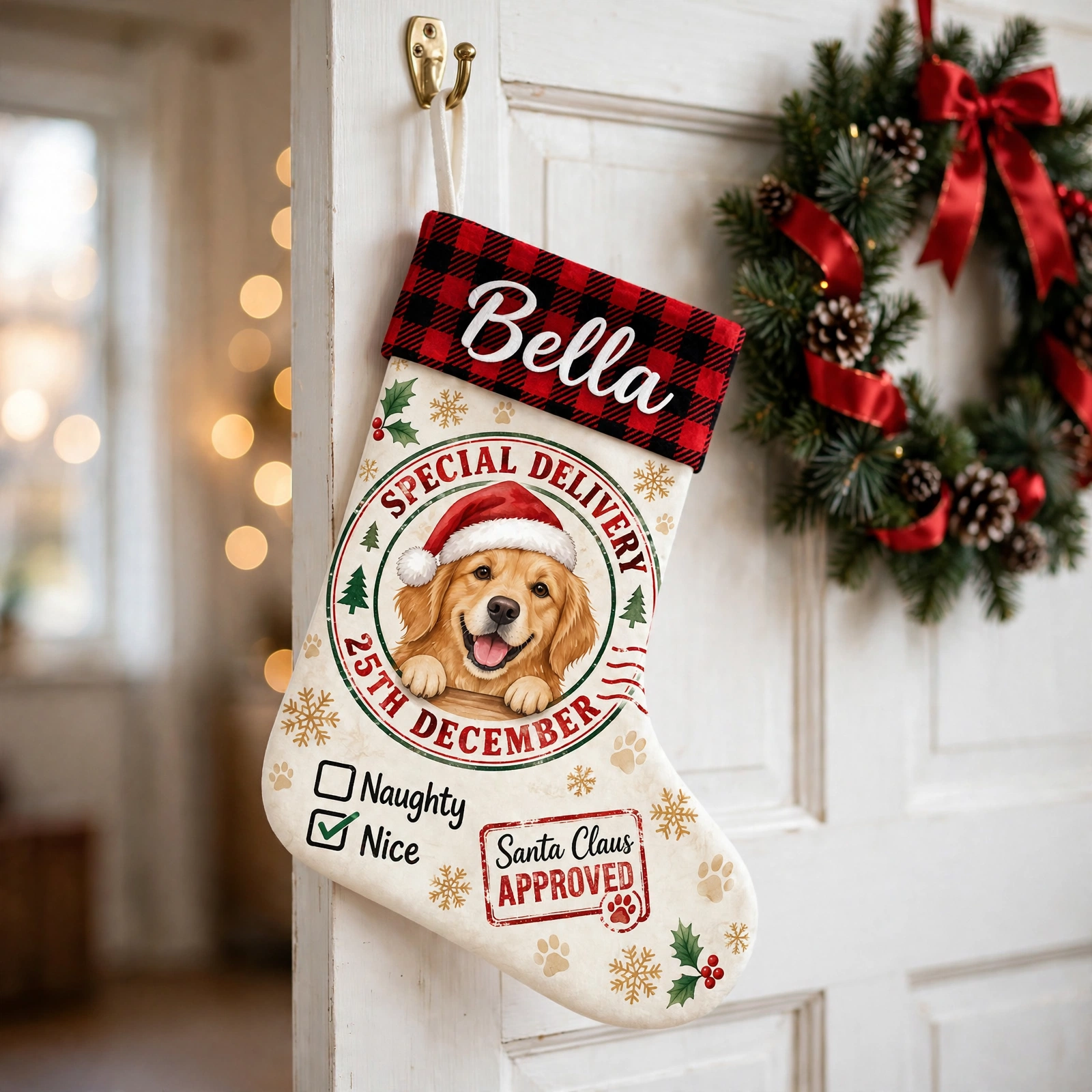Special Delivery Santa Approved Dog Christmas stocking hanging on a white door beside a Christmas wreath