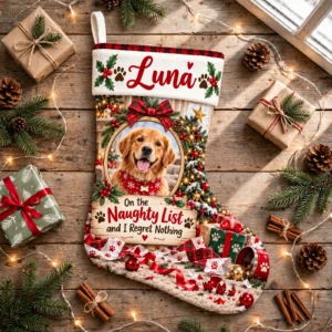 personalized naughty list framed dog stocking shown laid flat on a wooden surface beside wrapped gifts and greenery