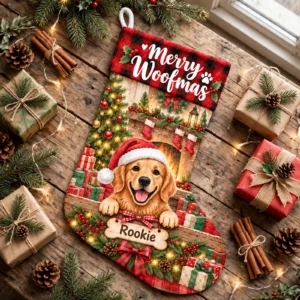 personalized fireplace woofmas dog stocking shown laid flat on a wooden surface beside wrapped gifts and greenery