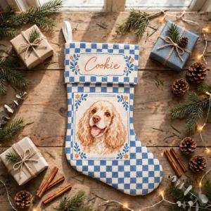 personalized blue gingham spaniel stocking shown laid flat on a wooden surface beside wrapped gifts and greenery