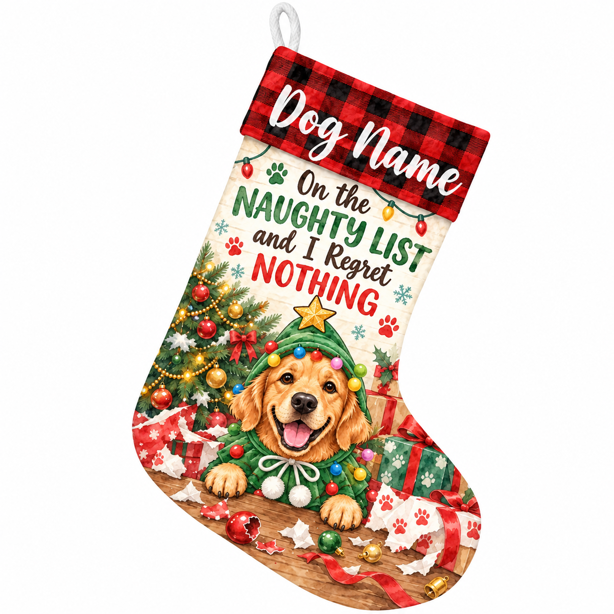 Personalized Christmas stocking with personalized naughty tree costume dog design on a plain background