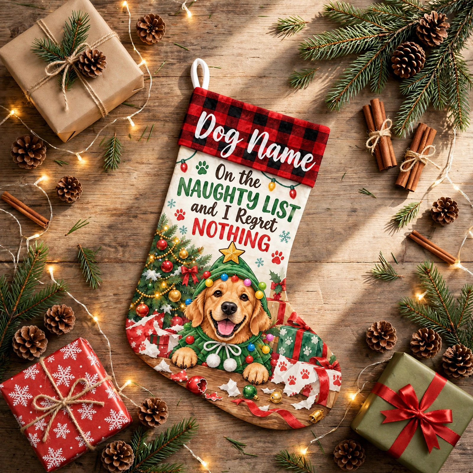 personalized naughty tree costume dog stocking shown laid flat on a wooden surface beside wrapped gifts and greenery
