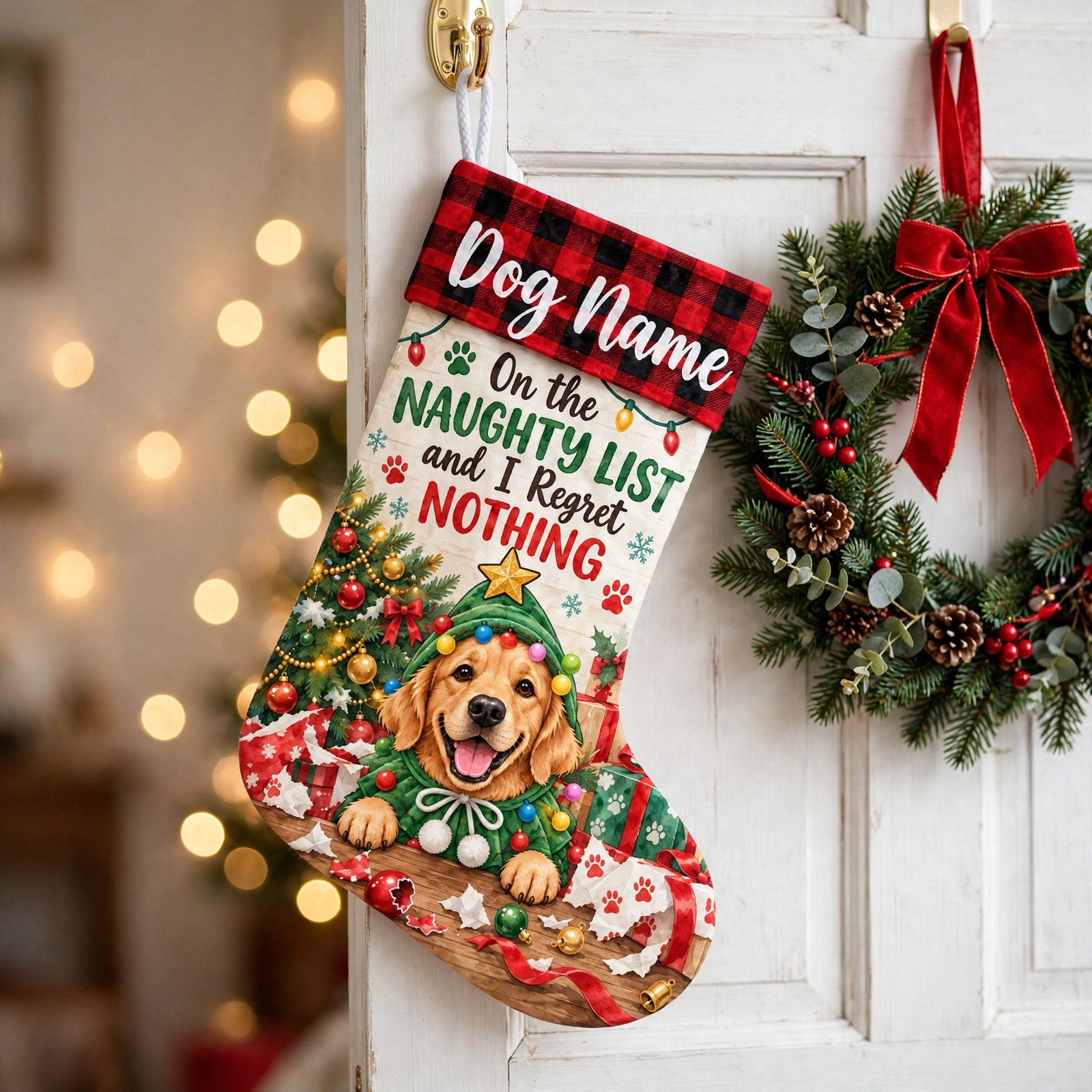 Naughty List Dog in Christmas Tree Costume Christmas stocking hanging on a white door beside a Christmas wreath
