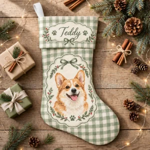 personalized sage gingham corgi stocking shown laid flat on a wooden surface beside wrapped gifts and greenery
