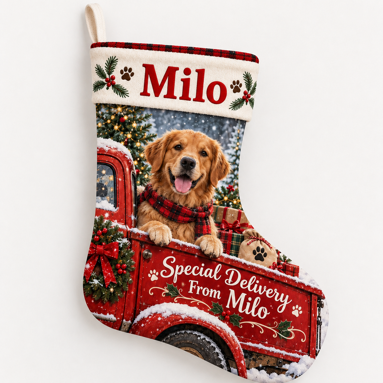 Personalized Christmas stocking with personalized special delivery truck dog design on a plain background