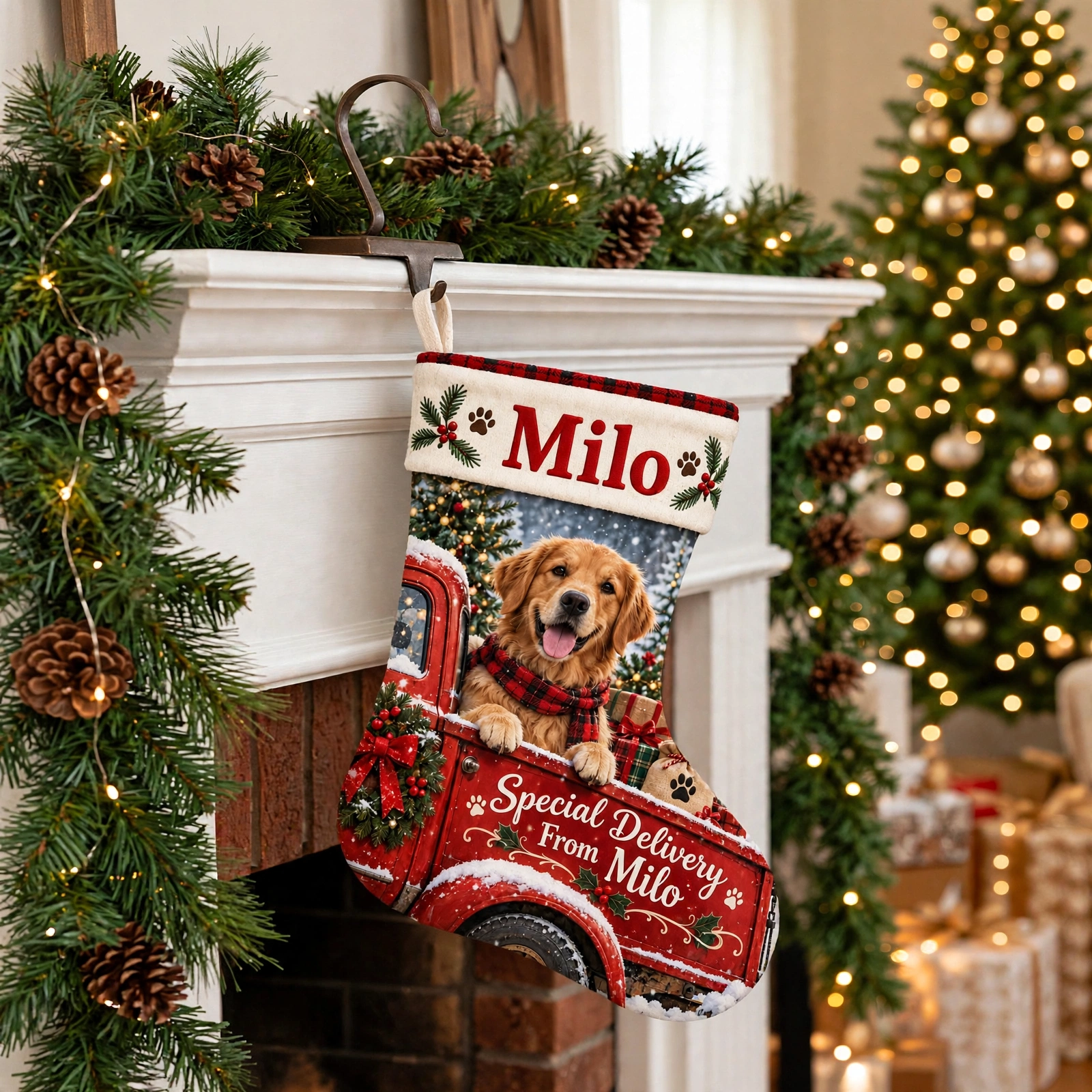 Special Delivery Dog in Red Pickup Christmas stocking hanging by a decorated fireplace