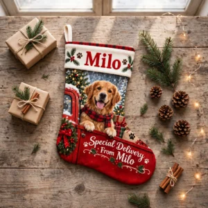 personalized special delivery truck dog stocking shown laid flat on a wooden surface beside wrapped gifts and greenery