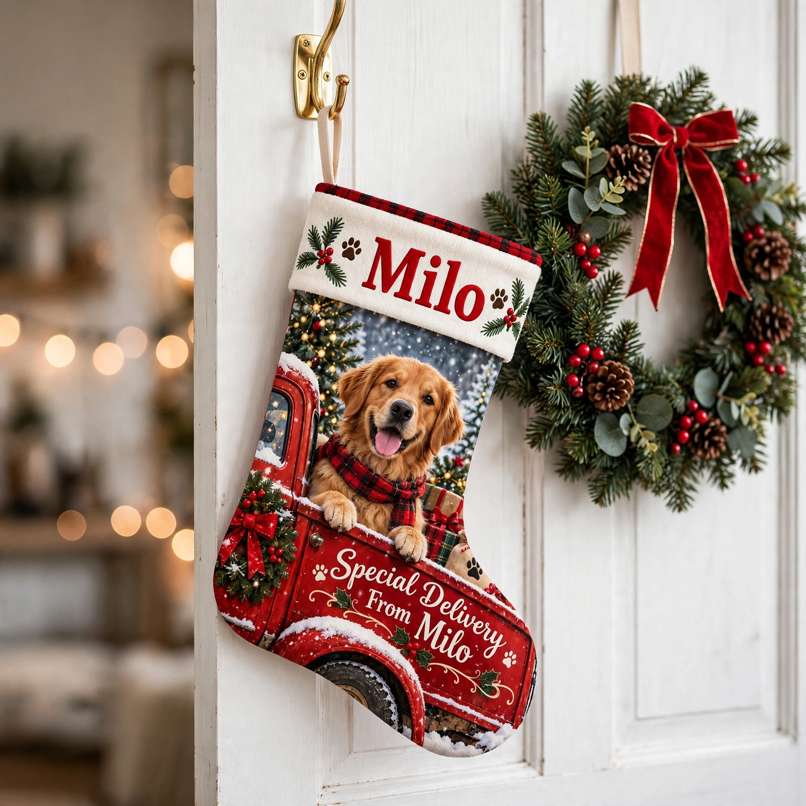 Special Delivery Dog in Red Pickup Christmas stocking hanging on a white door beside a Christmas wreath