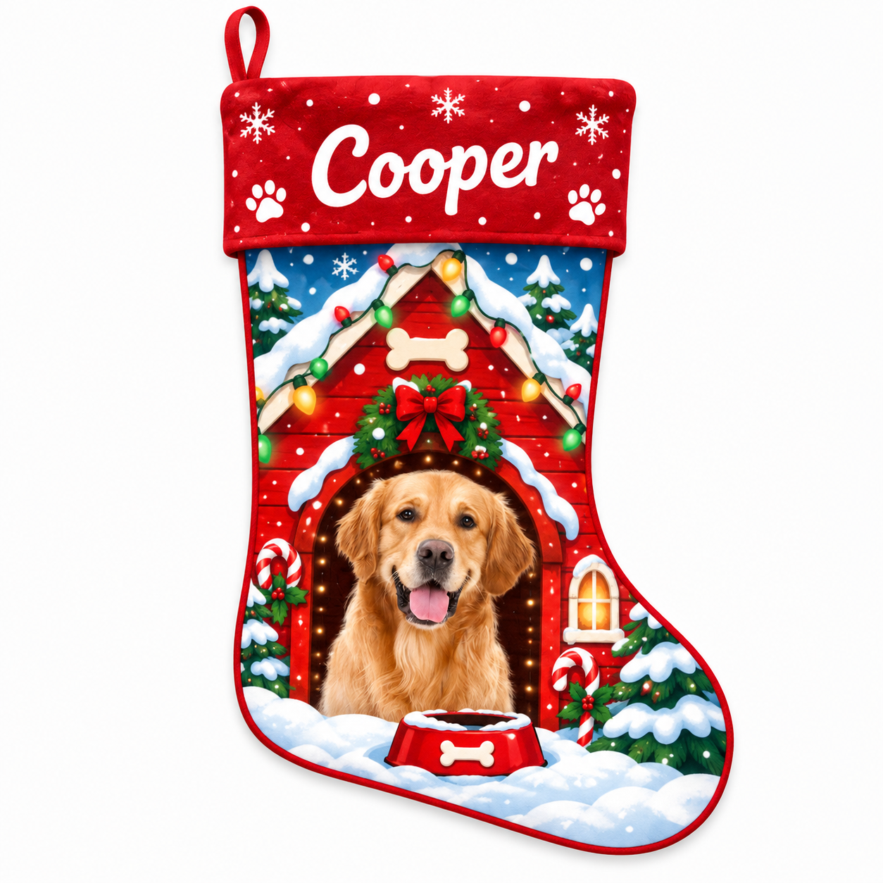 Personalized Christmas stocking with personalized snowy red doghouse design on a plain background