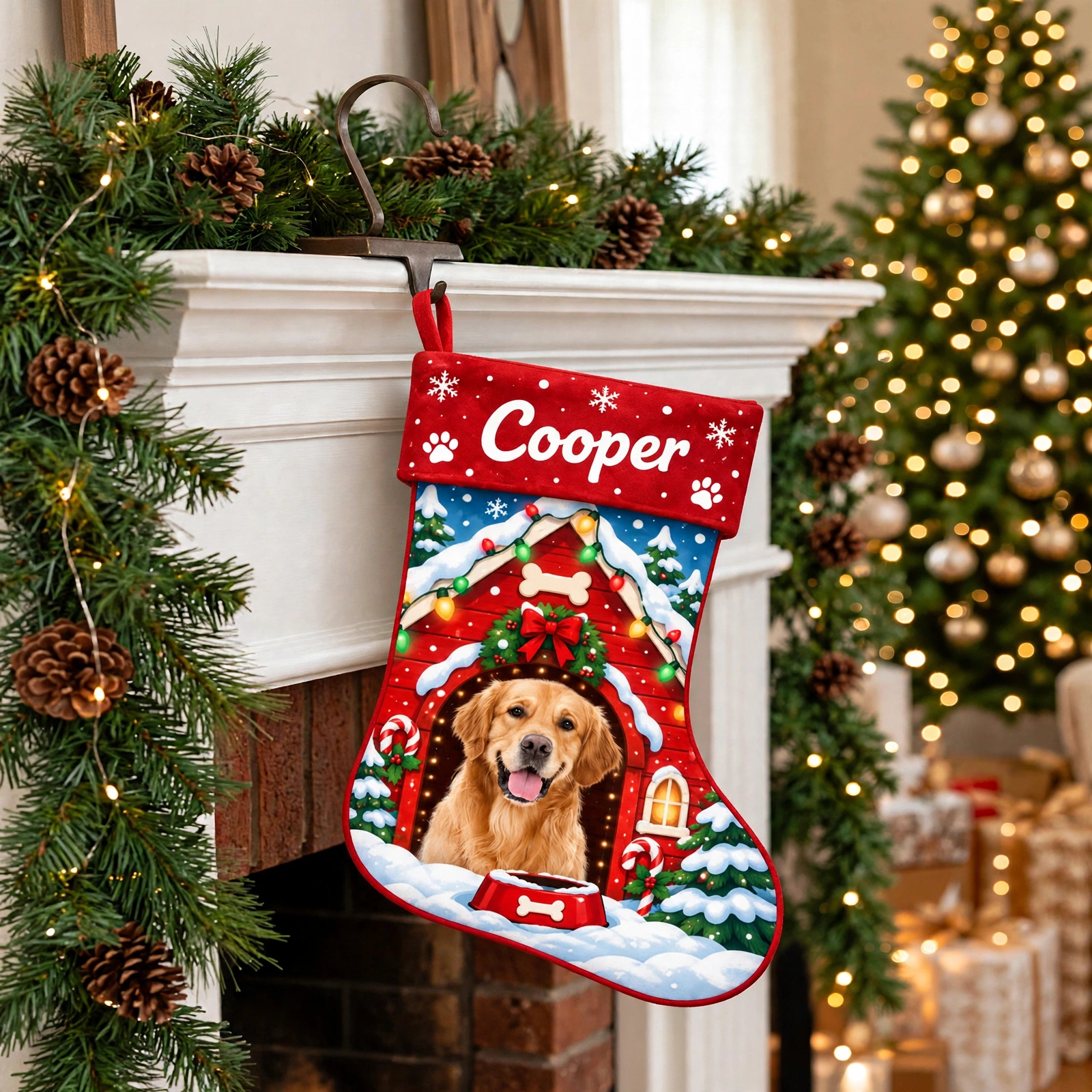 Snowy Red Doghouse Portrait Christmas stocking hanging by a decorated fireplace