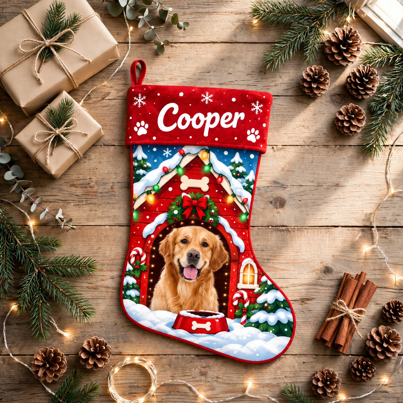 personalized snowy red doghouse stocking shown laid flat on a wooden surface beside wrapped gifts and greenery