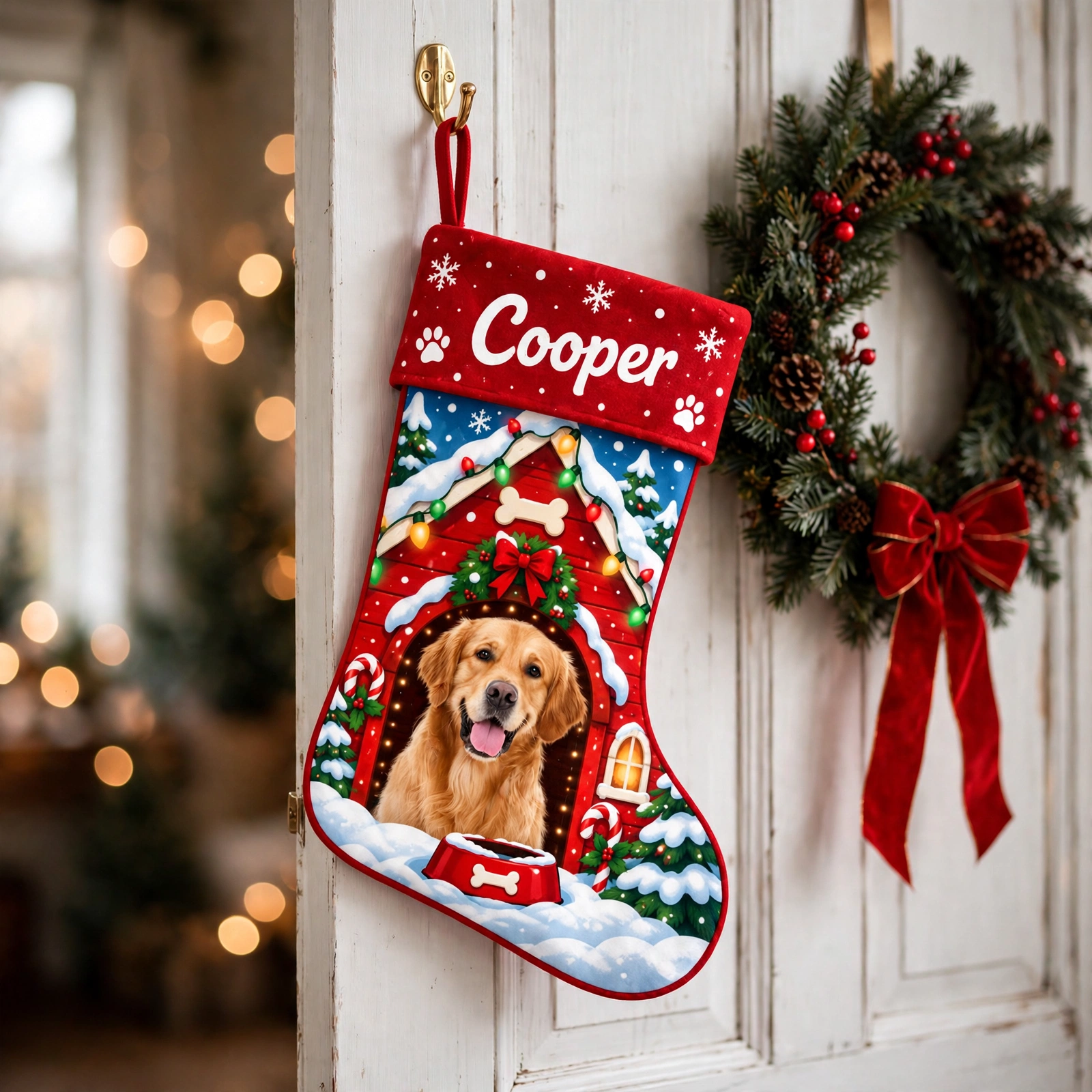 Snowy Red Doghouse Portrait Christmas stocking hanging on a white door beside a Christmas wreath