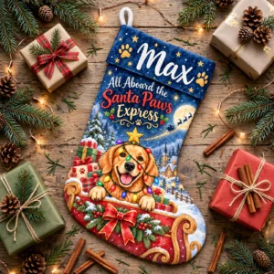 personalized santa paws express stocking shown laid flat on a wooden surface beside wrapped gifts and greenery