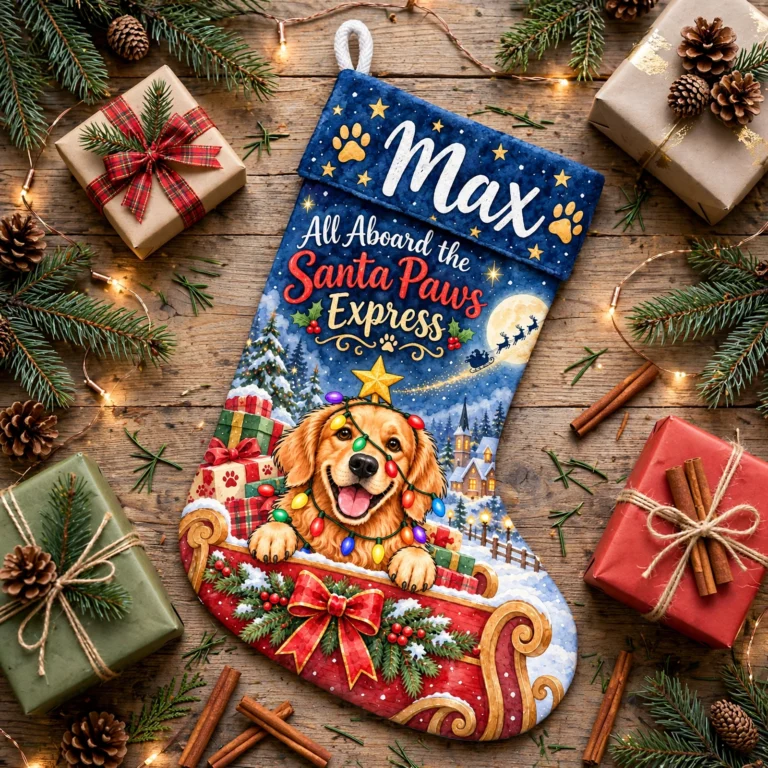 Personalized Santa Paws Express Dog in a Red Sleigh with Colored Lights and Snowy Village, Christmas Stocking 8×18 inches